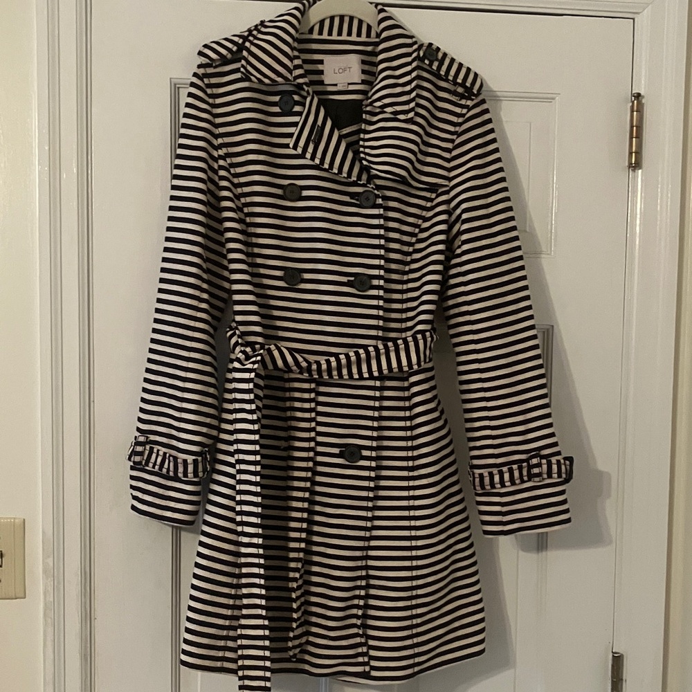 LOFT Black and White Striped Trench Coat